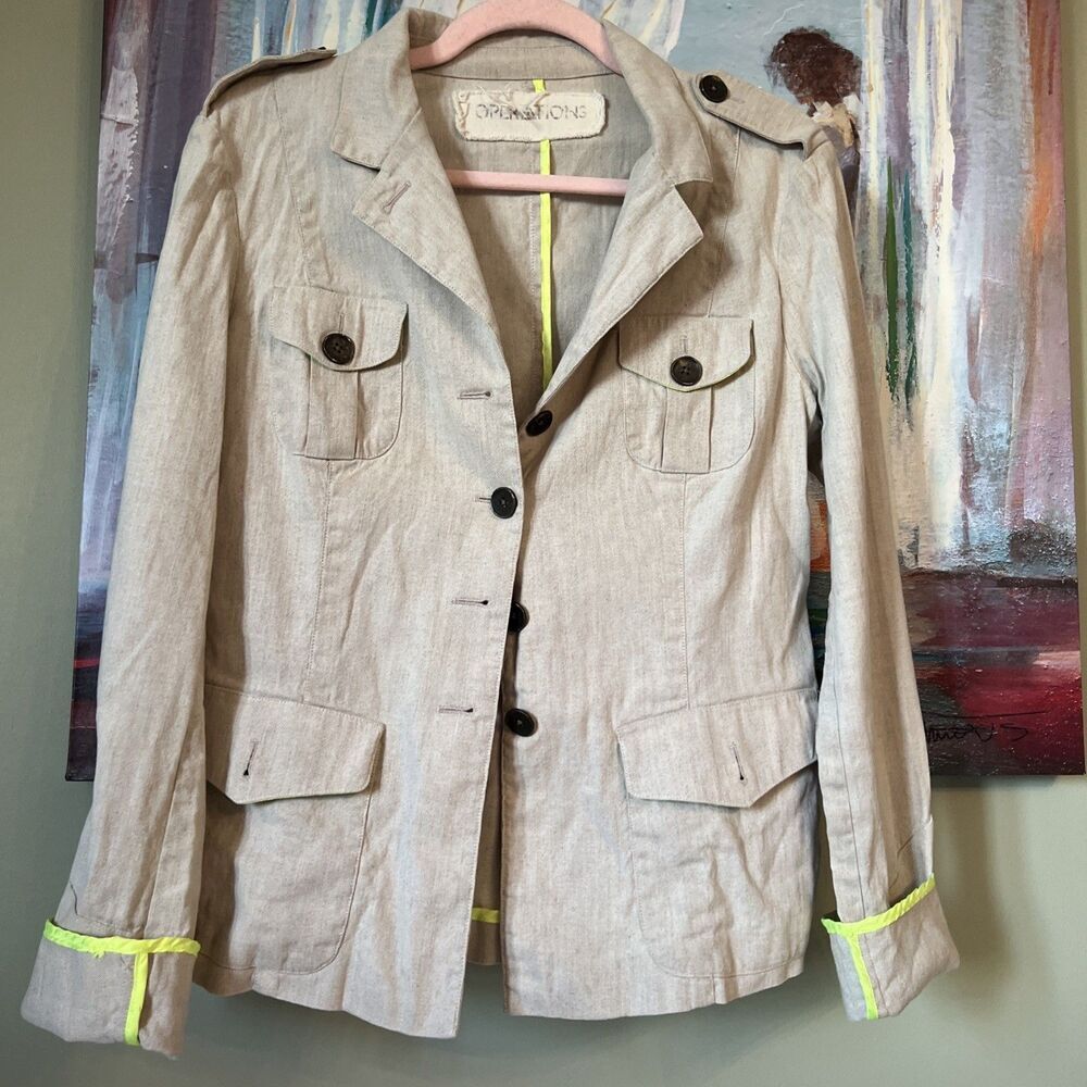 Operations Sz S Utility Army Jacket Beige Yellow Trim Womens GOOD